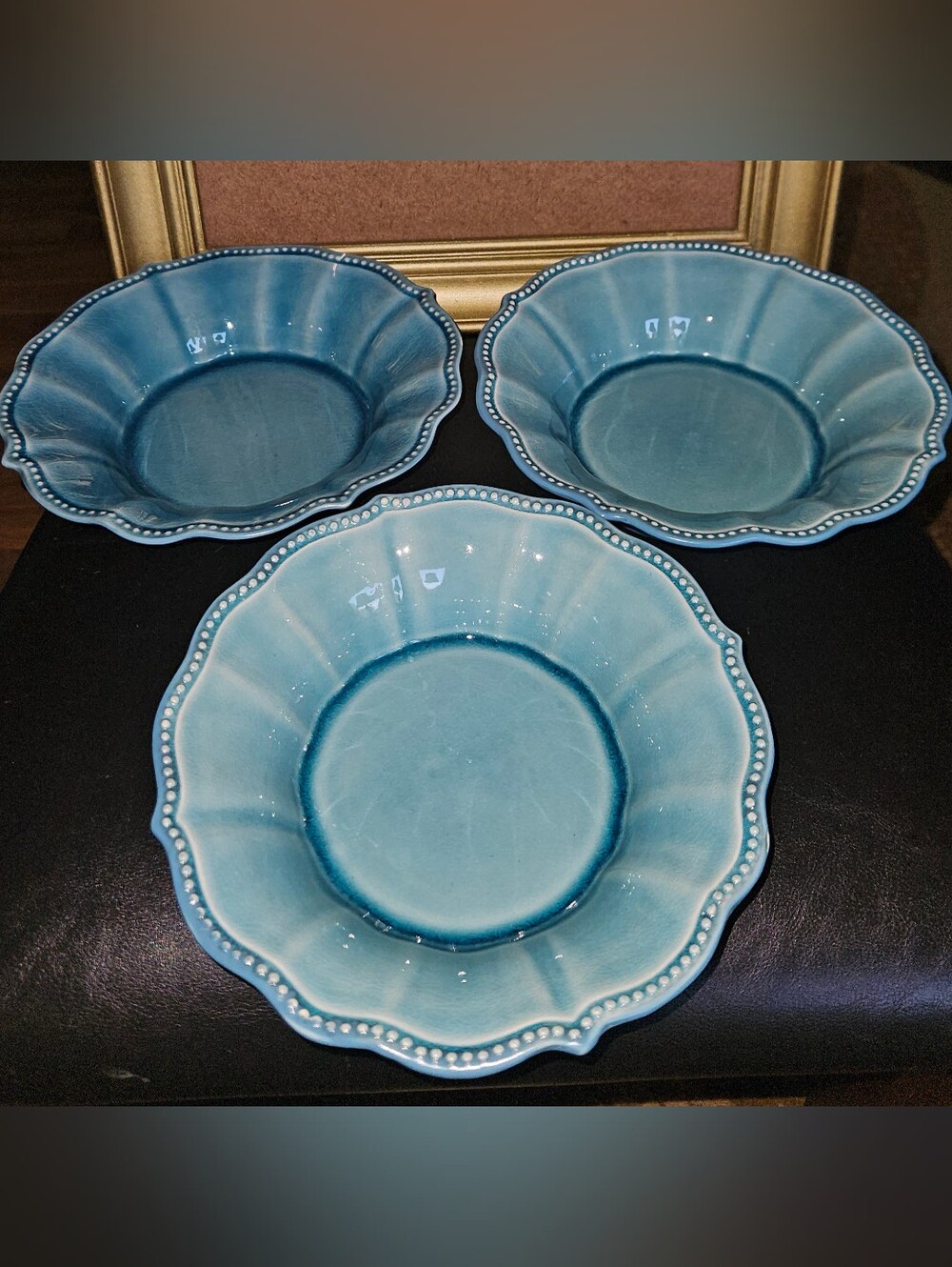 Pioneer Woman Paige Denim Blue 8.5” Soup Bowls Scalloped Beaded Edge Lot of 3
